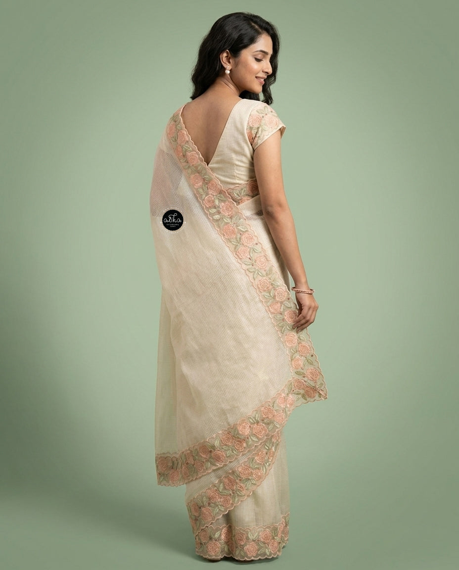 Beige Silky Kota Saree with Floral Appliqué Border