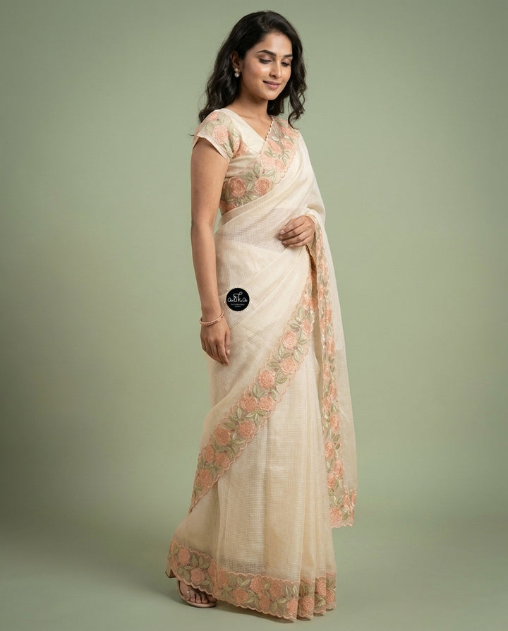 Beige Silky Kota Saree with Floral Appliqué Border