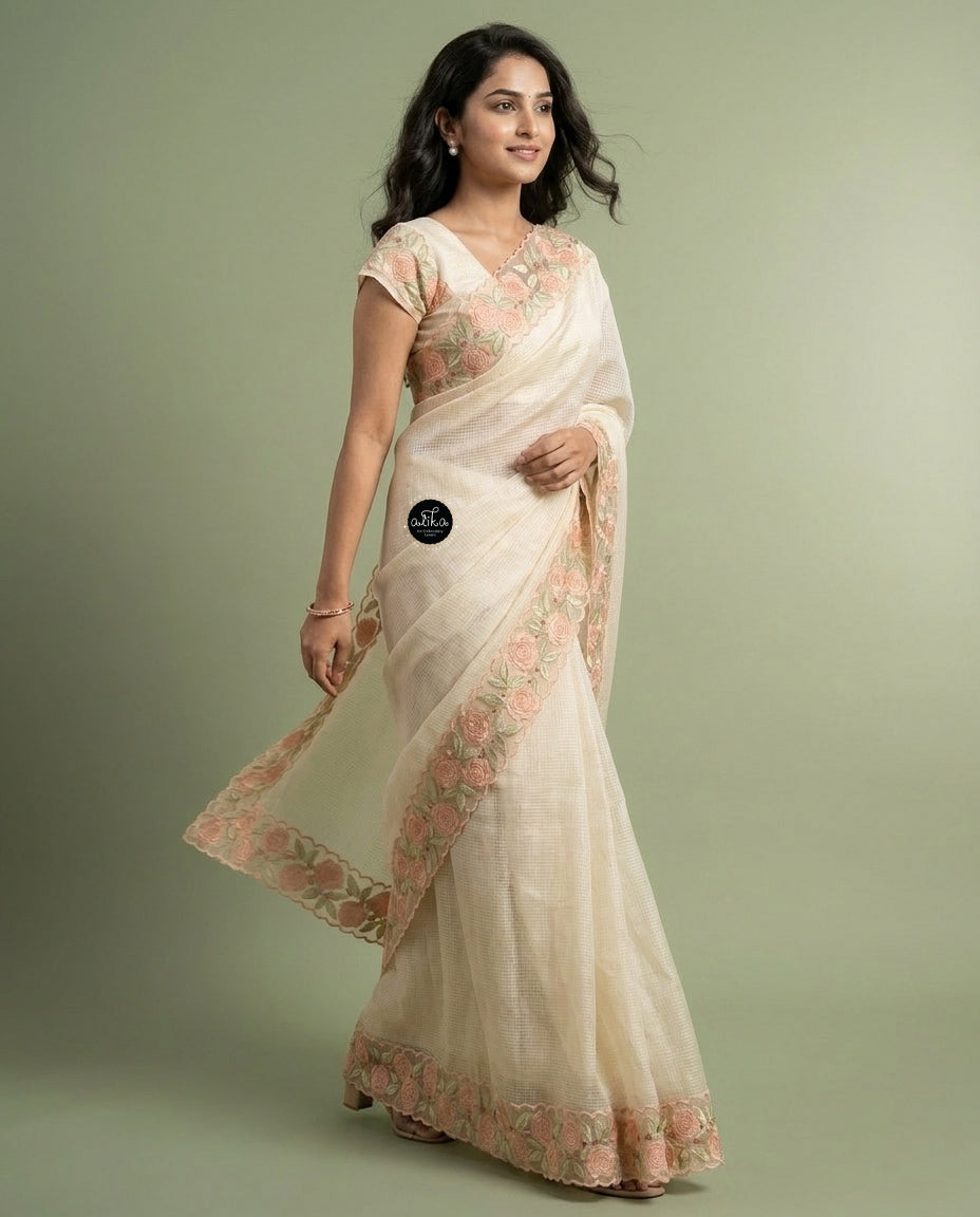 Beige Silky Kota Saree with Floral Appliqué Border