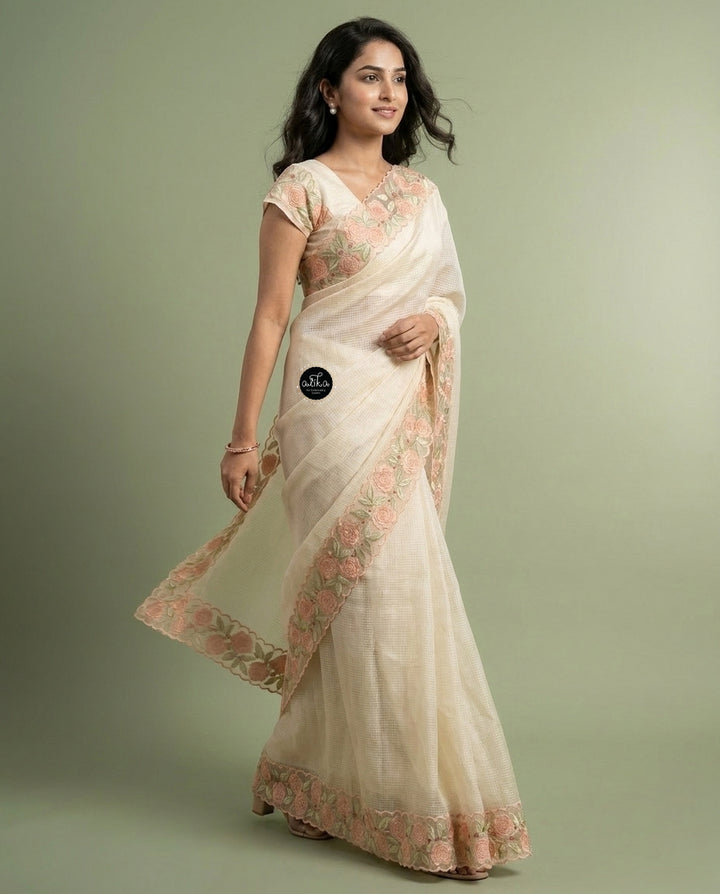 Beige Silky Kota Saree with Floral Appliqué Border