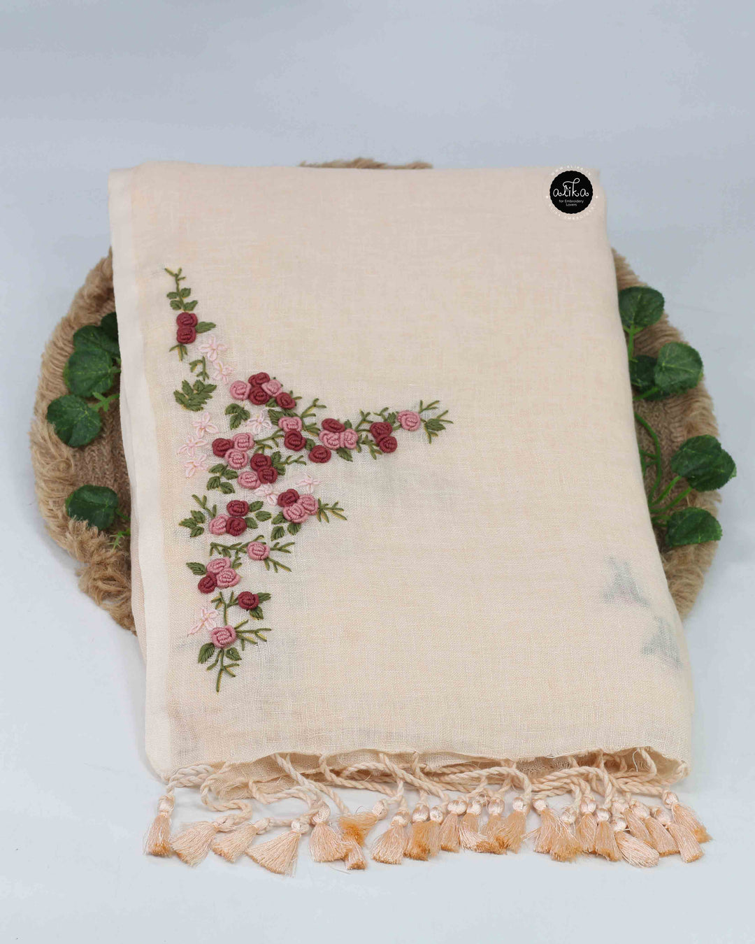 Light Beige Pure Linen Saree with Floral Hand Embroidery