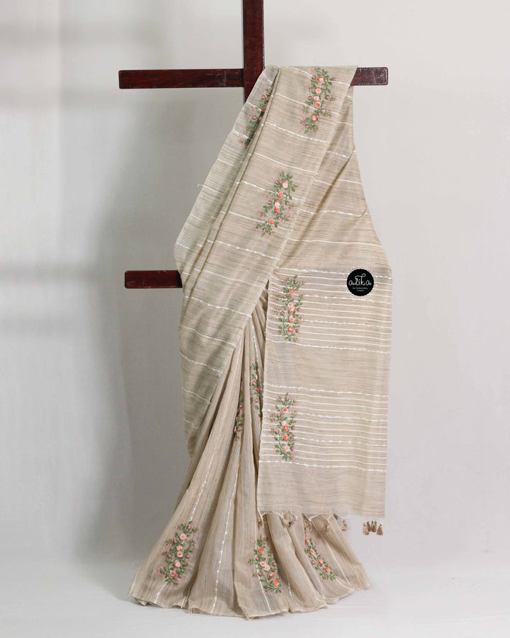 Champagne Beige Bamboo Silk Saree with Floral Hand Embroidery
