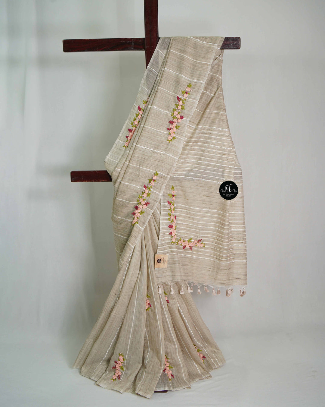 Champagne Beige Bamboo Silk Saree with Floral Hand Embroidery