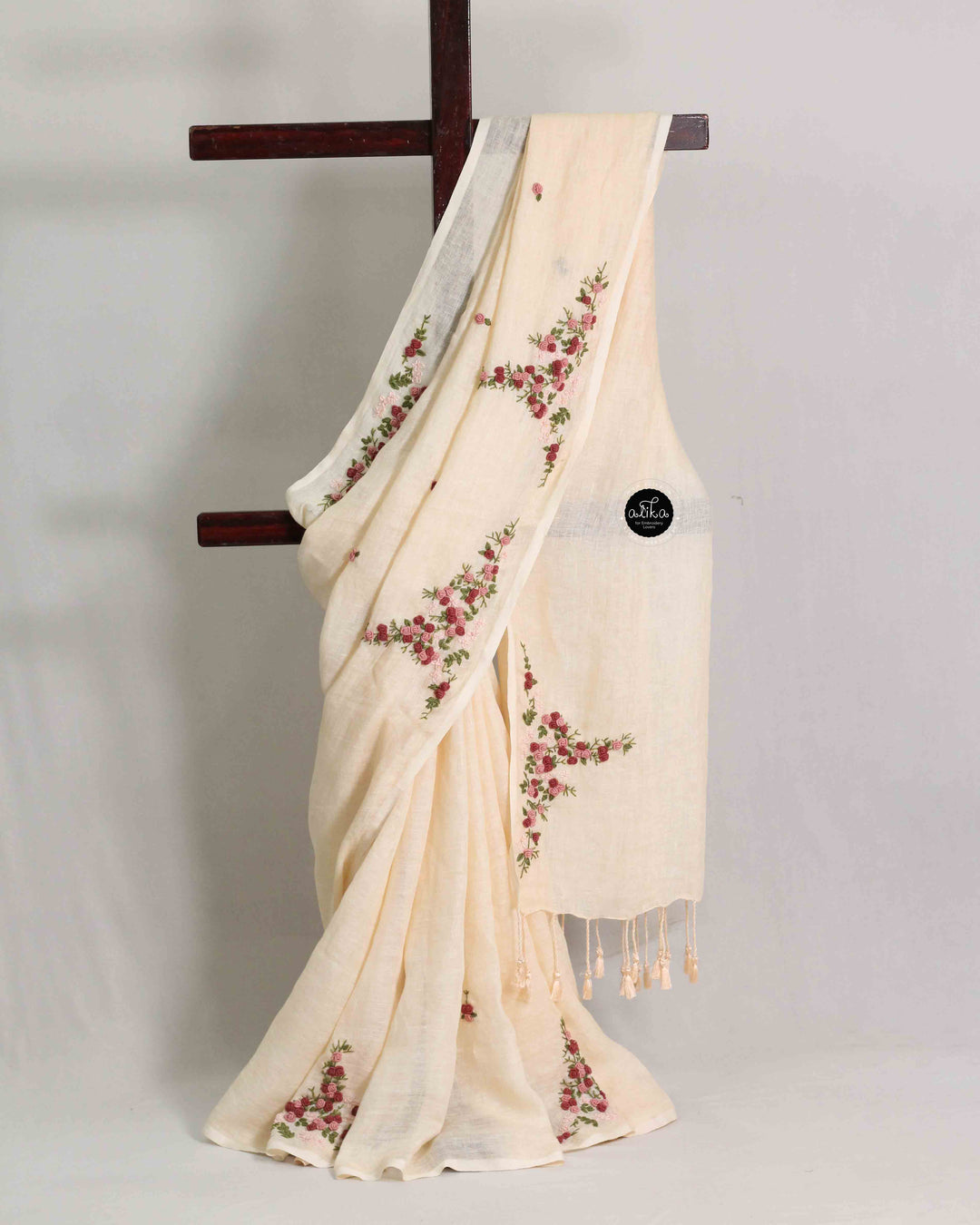 Light Beige Pure Linen Saree with Floral Hand Embroidery