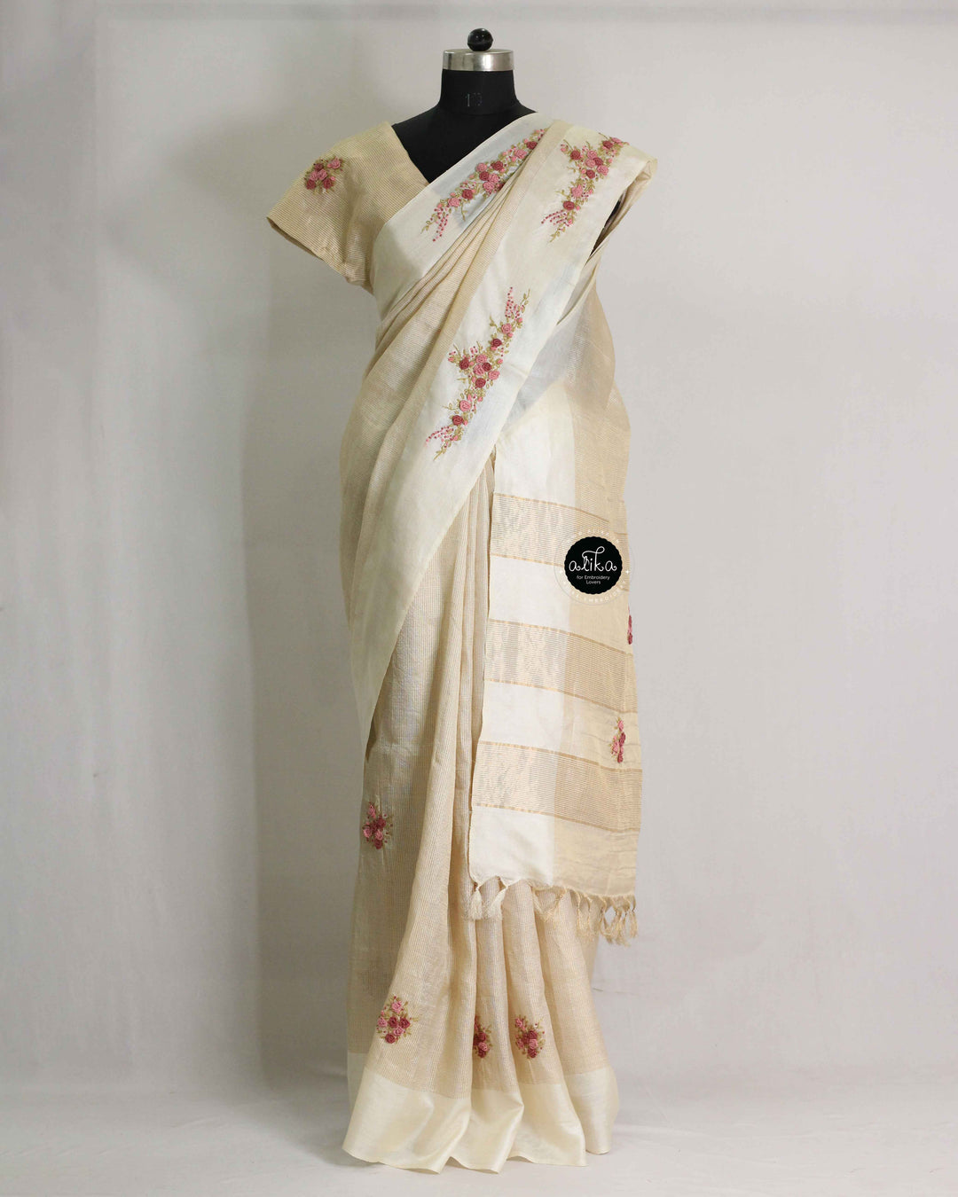 Cream Pure Tussar Silk Saree with Gold Checks &amp; Floral Hand Embroidery