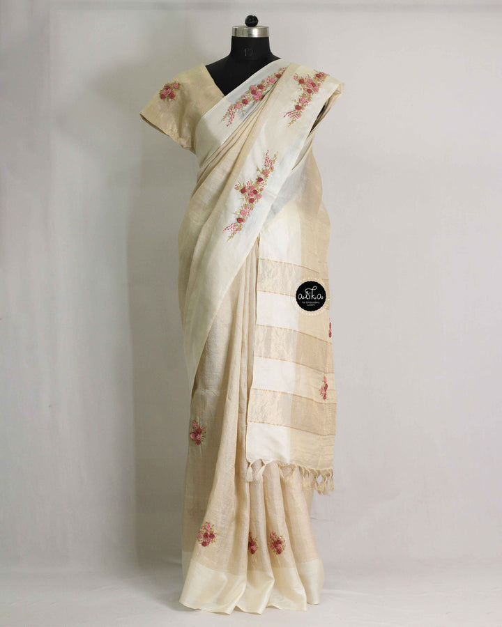 Cream Pure Tussar Silk Saree with Gold Checks &amp; Floral Hand Embroidery