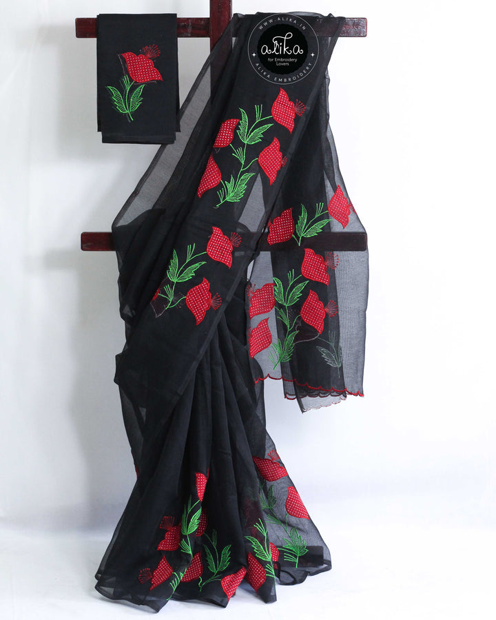 Black Kota Saree with Red Appliqué Work – Bold &amp; Lightweight Elegance