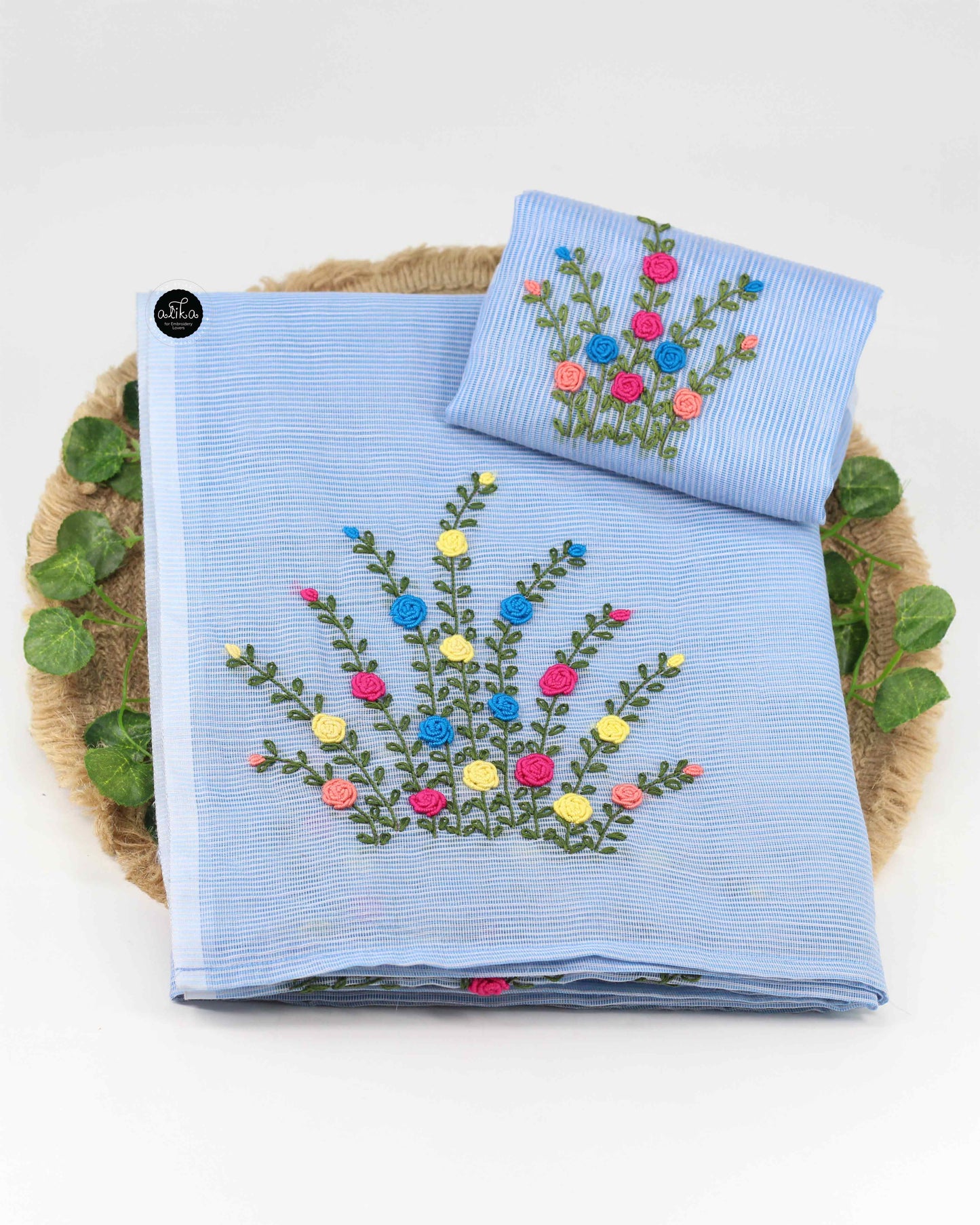 Ice Blue Kota Silk Saree with Floral Hand Embroidery | Alika Fashion Store