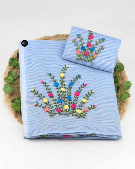 Ice Blue Kota Silk Saree with Floral Hand Embroidery | Alika Fashion Store