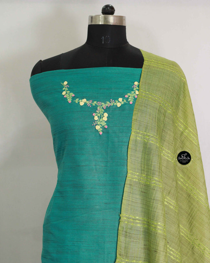 Teal Green Bamboo Silk Unstitched Salwar Set with Floral Hand Embroidery on the neckline and sleeves