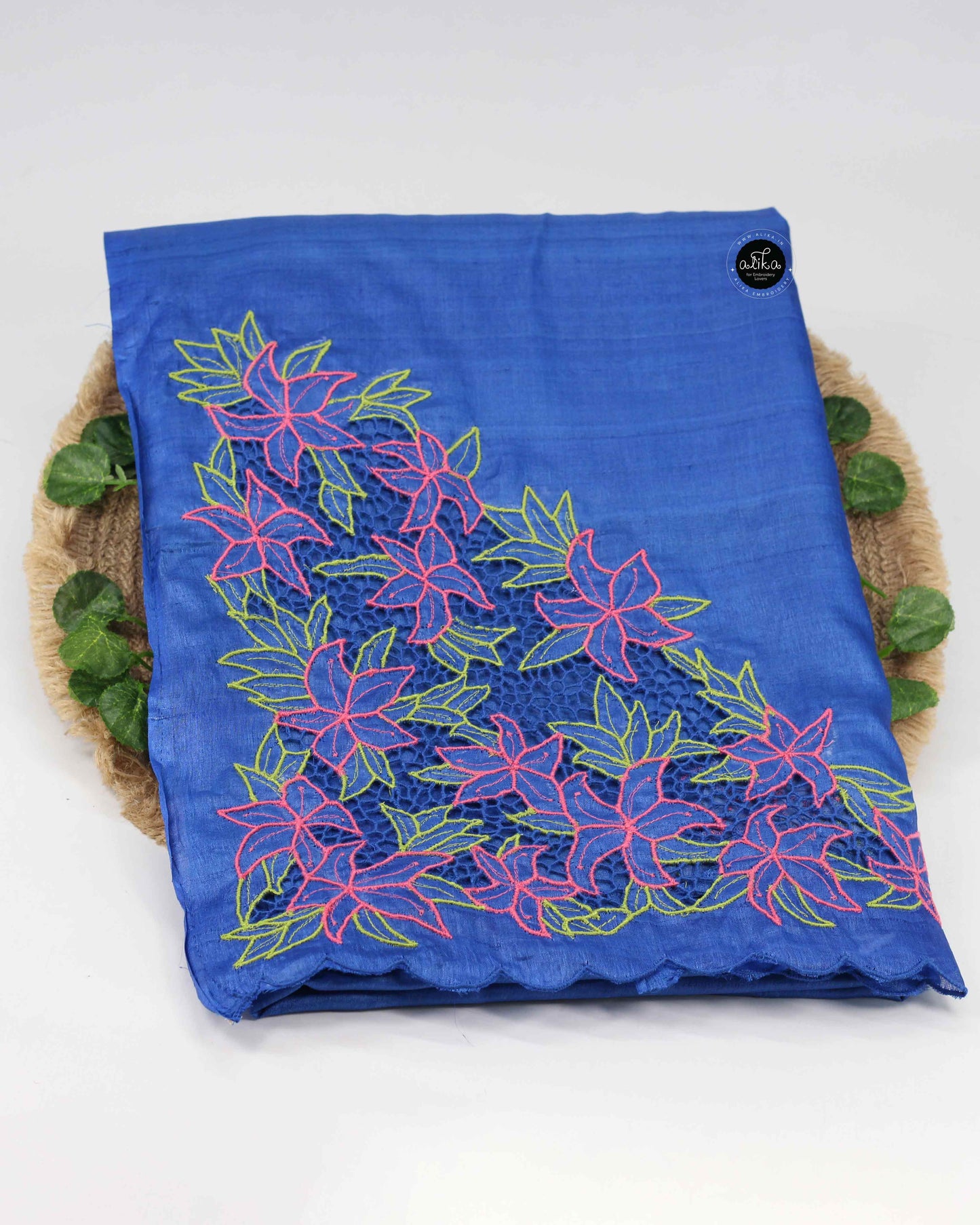 Royal Blue Pure Tussar Silk Saree with Floral Twine Cutwork | Alika Fashion Store