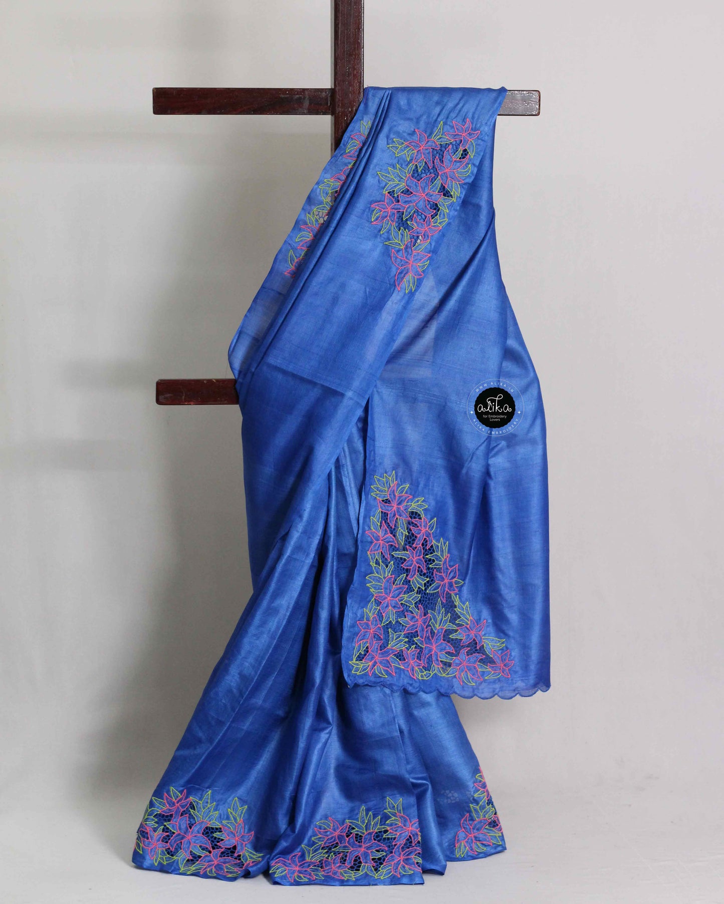 Royal Blue Pure Tussar Silk Saree with Floral Twine Cutwork | Alika Fashion Store