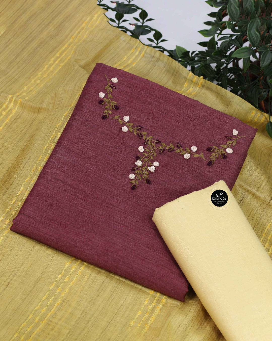Dark Mauve Bamboo Silk Unstitched Salwar Set with Floral Hand Embroidery on the neckline and sleeves