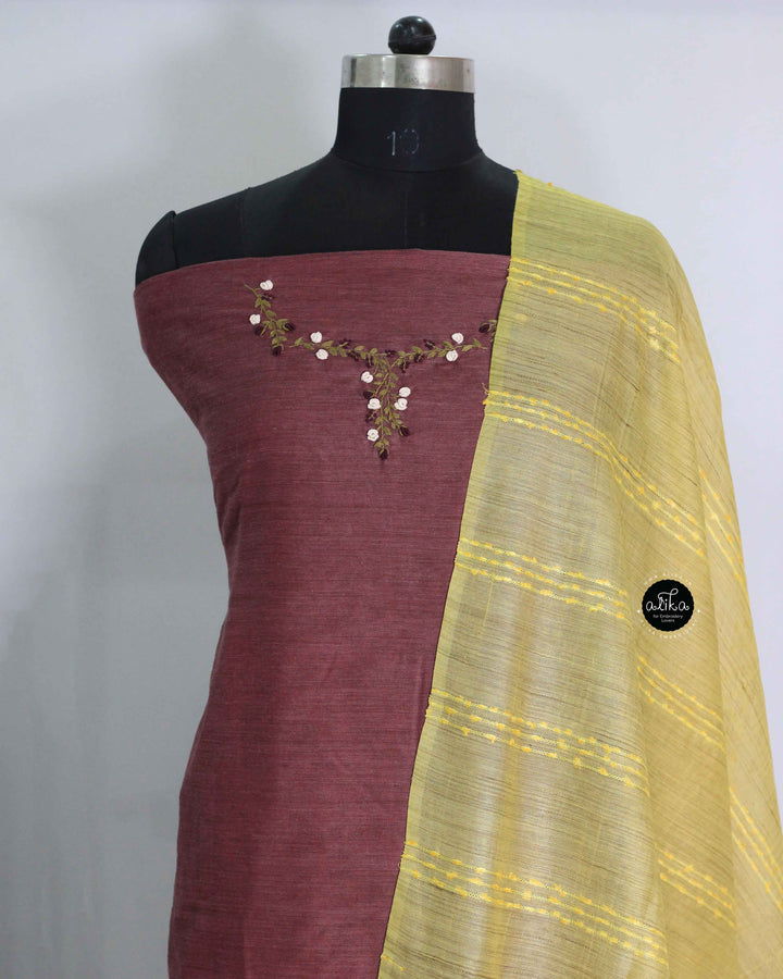 Dark Mauve Bamboo Silk Unstitched Salwar Set with Floral Hand Embroidery on the neckline and sleeves