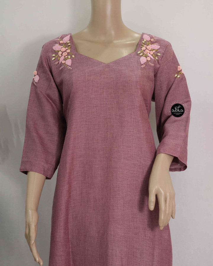 Dark Onion Pink Semi-Linen Stitched Kurti with Floral Hand Embroidery on Neckline