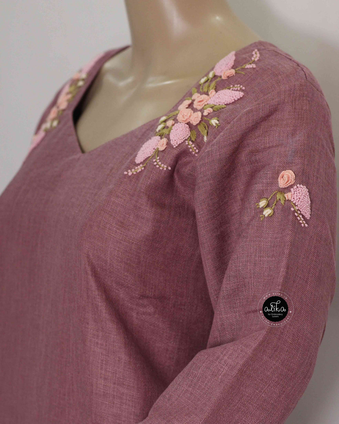 Dark Onion Pink Semi-Linen Stitched Kurti with Floral Hand Embroidery on Neckline