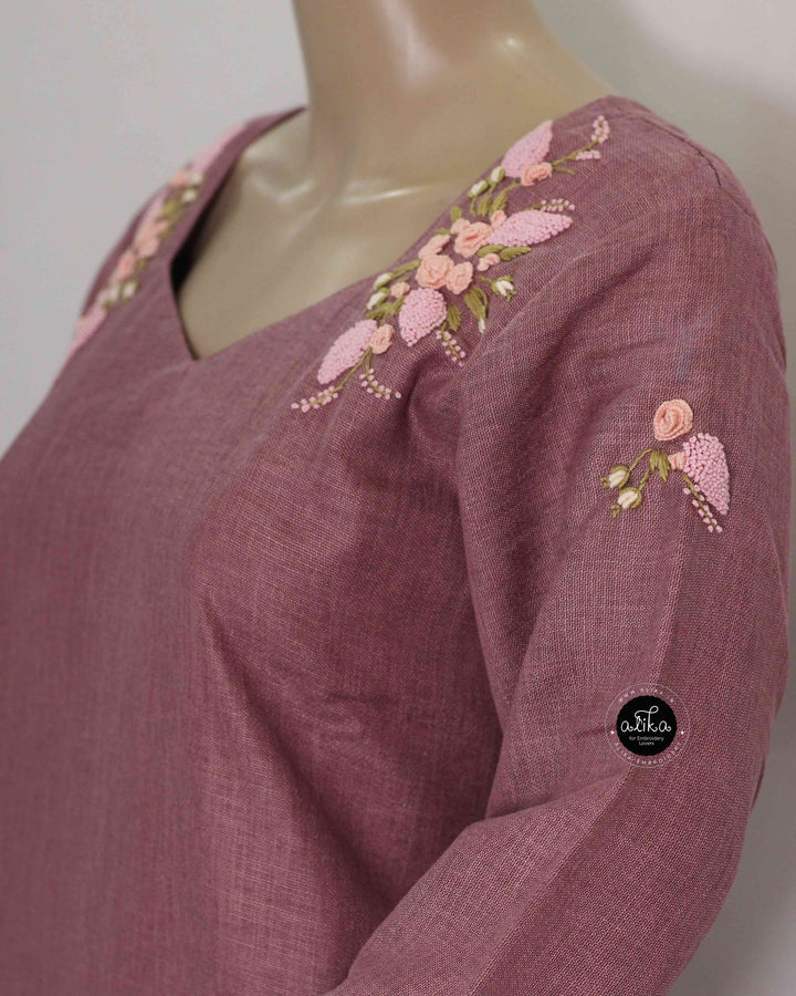 Dark Onion Pink Semi-Linen Stitched Kurti with Floral Hand Embroidery on Neckline