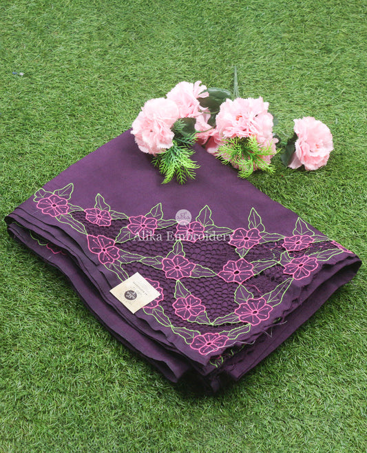 Semi Silk Purple Saree with Pink Floral Embroidery and Cutwork