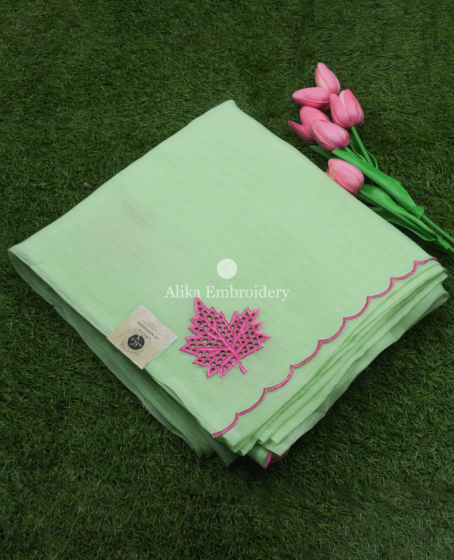 Elegant Light Green Kota Saree with Pink Leaf Cutwork