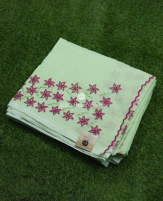 Elegant Light Green Kota Saree with Pink Floral Cutwork and Pearls