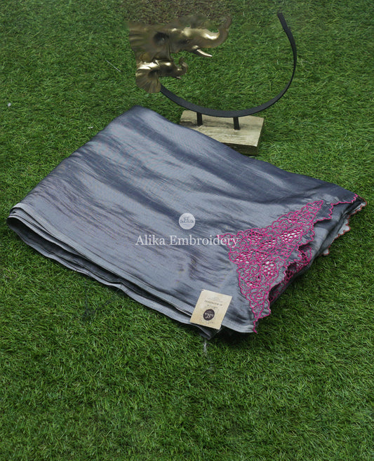 Chic Dark Silver Shaded Silk Saree with Pink Floral Cut Work