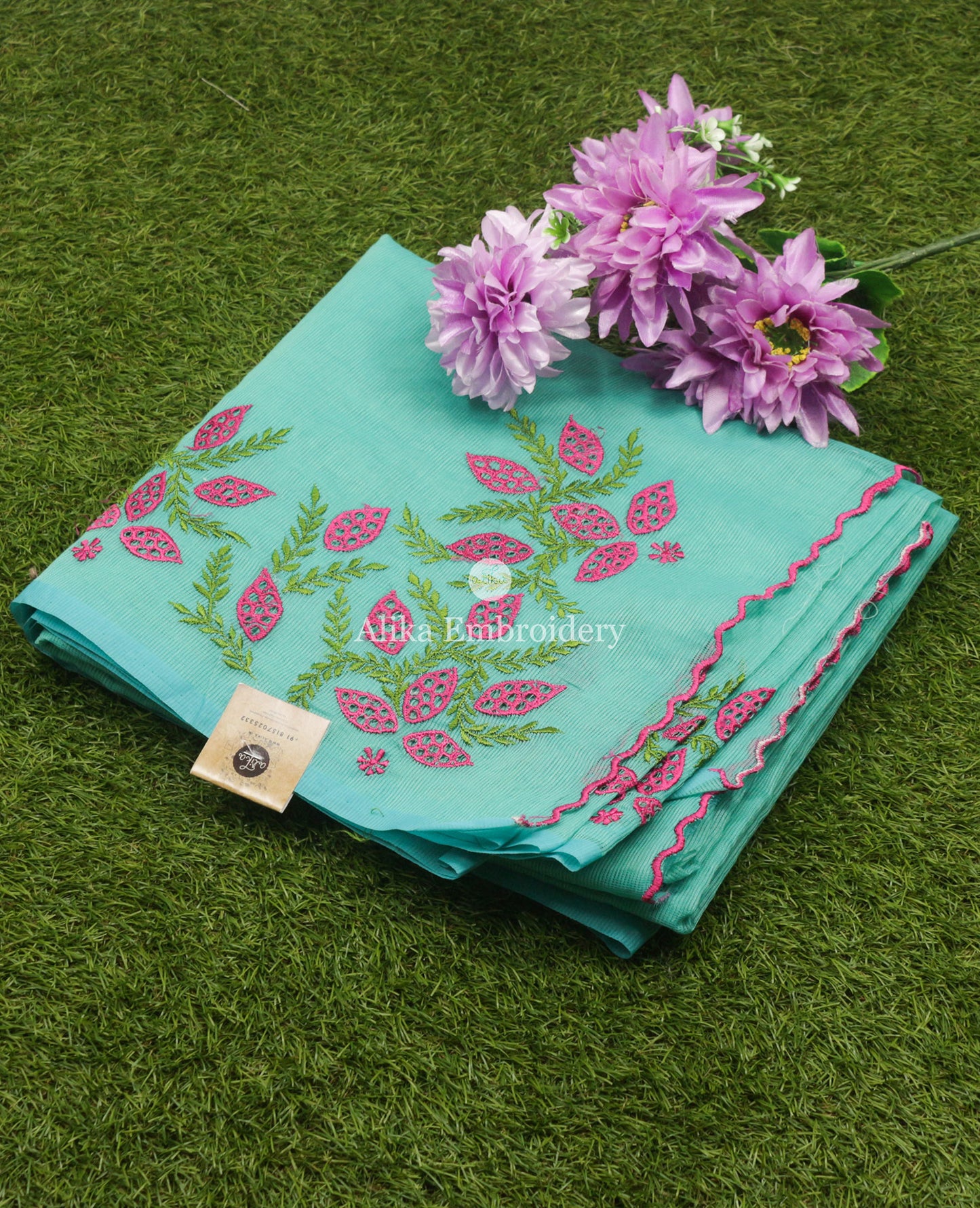 Elegant Green Kota Saree with Pink Cut Work
