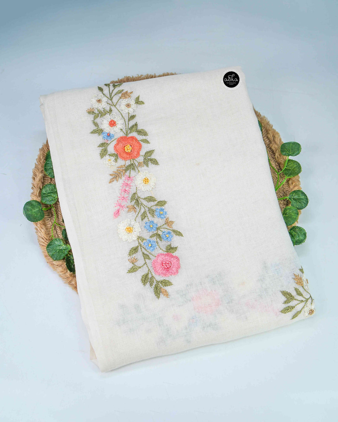 Cream Pure Linen Saree with Multicolour Floral Embroidery