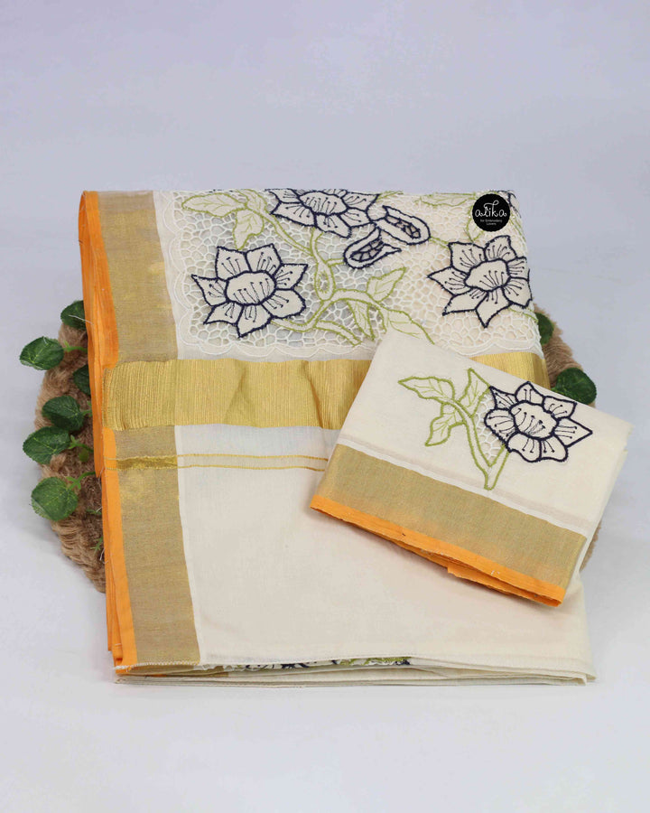 Cream Kerala Kasavu Saree with Floral Twine Cutwork