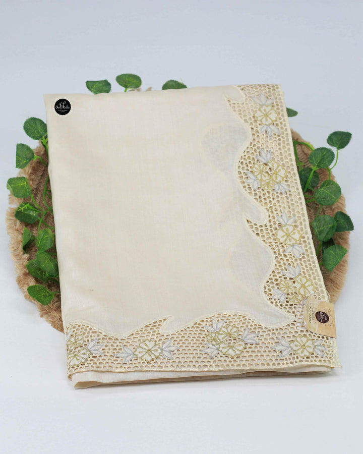 Cream Pure Tussar Silk Saree with Floral Full Border Cutwork