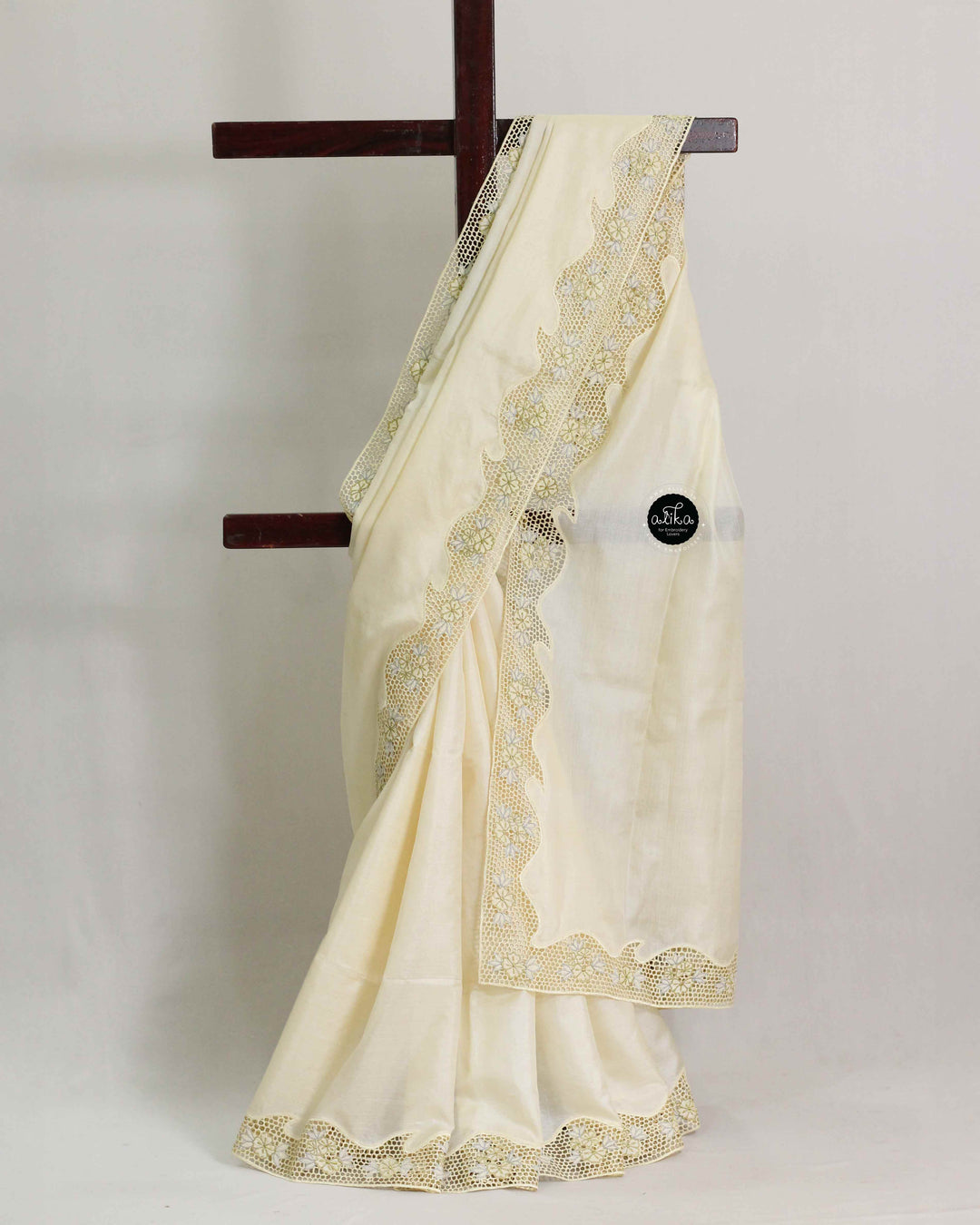 Cream Pure Tussar Silk Saree with Floral Full Border Cutwork