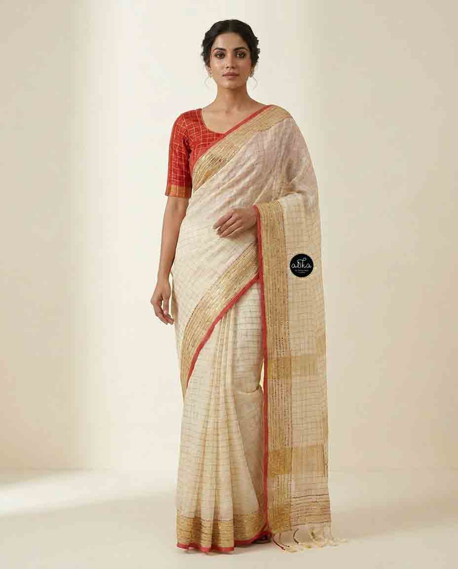 Cream Pure Linen Saree with Bead &amp; Sequin Work