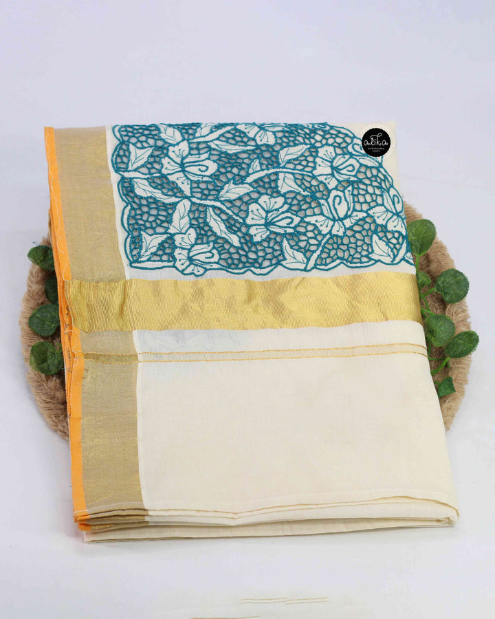Kerala Kasavu Saree with Blue Floral Twine Cutwork
