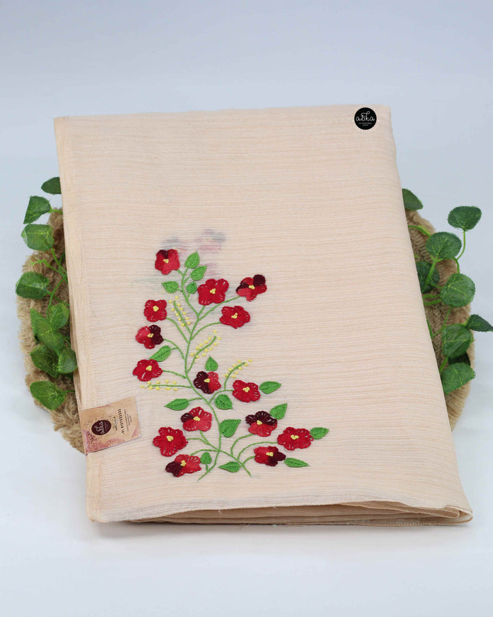 Light Peach Chanderi Saree with Floral Hand Embroidery