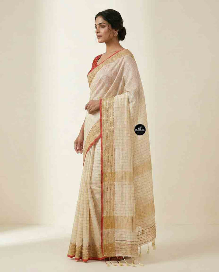 Cream Pure Linen Saree with Bead &amp; Sequin Work