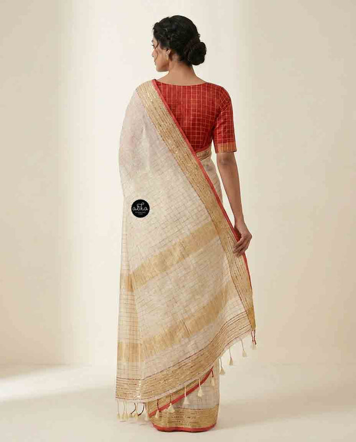 Cream Pure Linen Saree with Bead &amp; Sequin Work