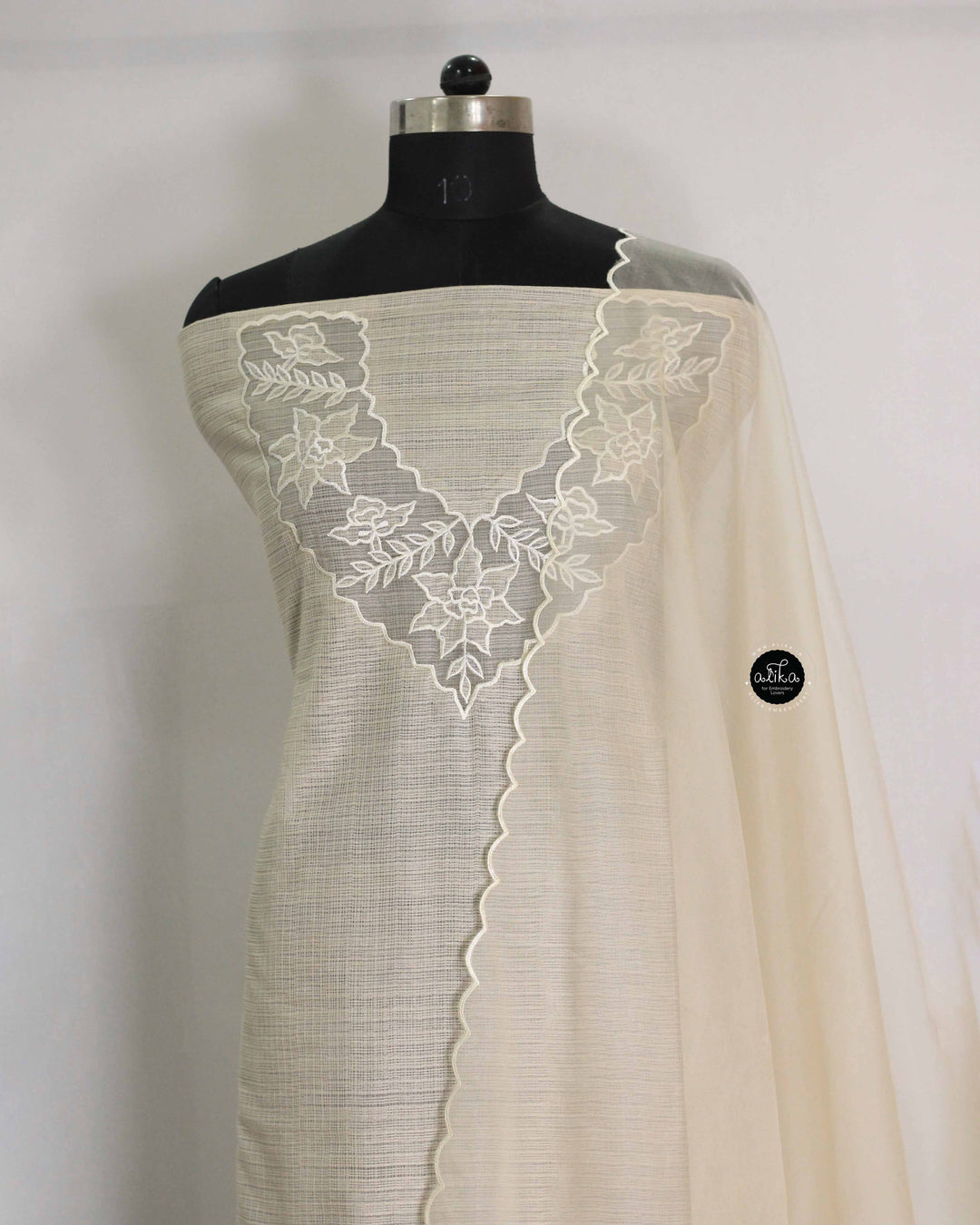 Ivory Silky Kota Unstitched Salwar Suit Set with Appliqué Work on Neck &amp; Sleeves
