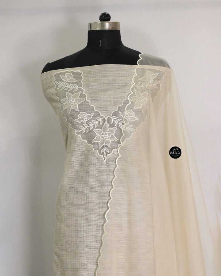 Ivory Silky Kota Unstitched Salwar Suit Set with Appliqué Work on Neck &amp; Sleeves