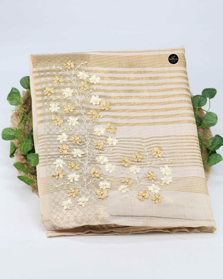 Gold Semi Silk Saree with Floral Ribbon Work