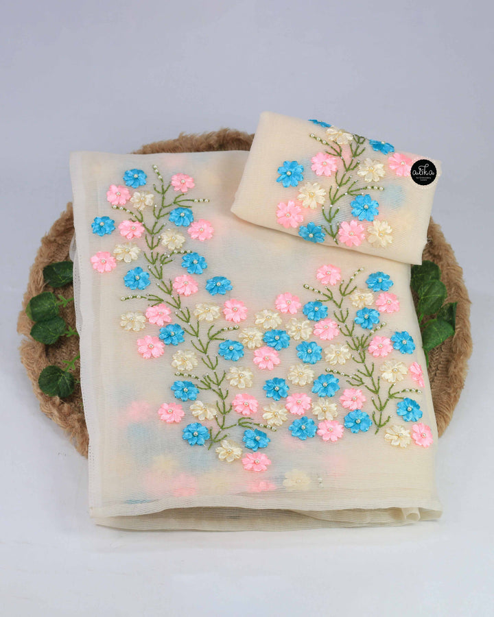 Ivory Kota Saree with Floral Ribbon Embroidery