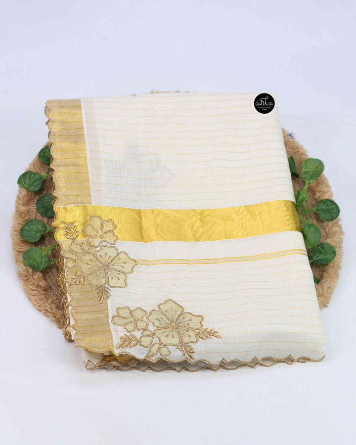 Kerala Kasavu Saree with Floral Appliqué Work