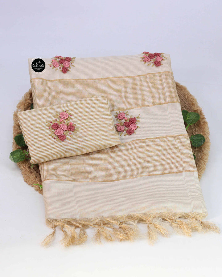 Cream Pure Tussar Silk Saree with Gold Checks &amp; Floral Hand Embroidery