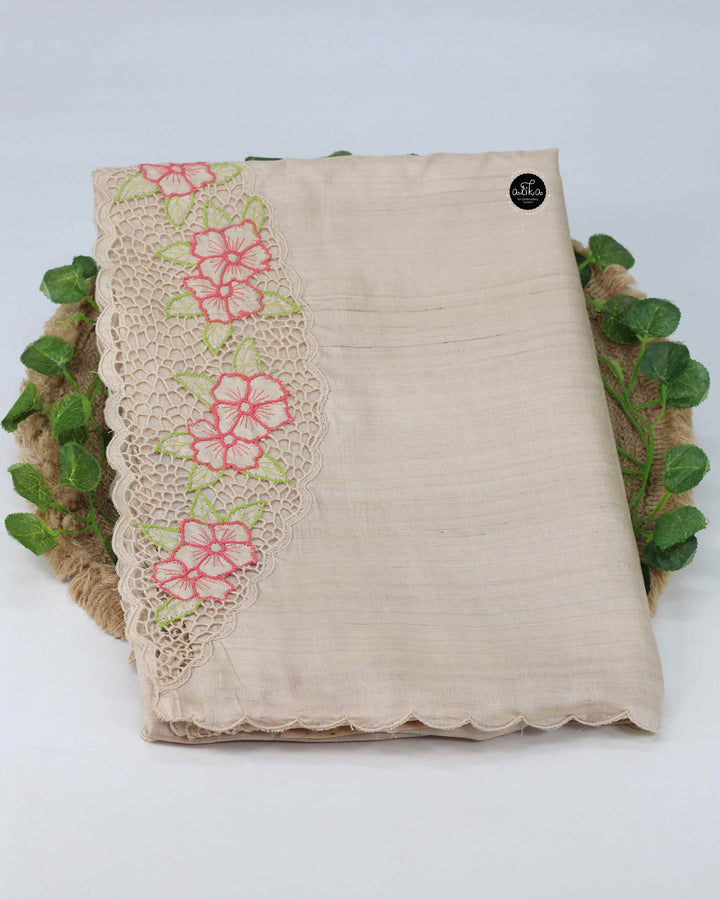 Beige Pure Tussar Silk Saree with Floral Cutwork