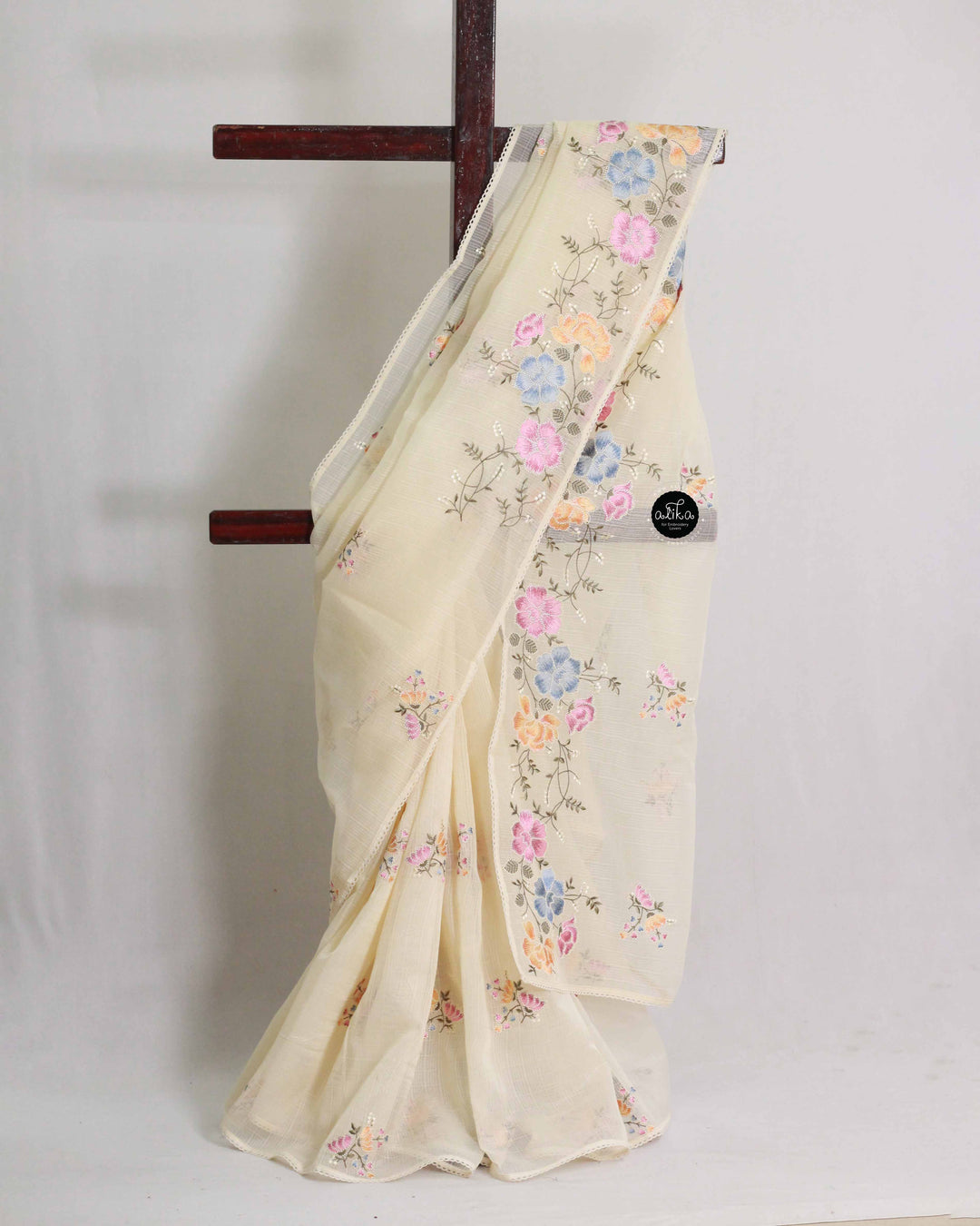 Cream Kota Saree with Floral Machine Embroidery and Plain blouse Material