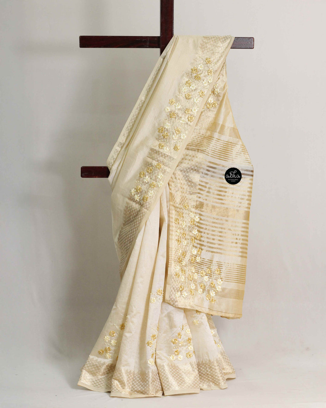 Gold Semi Silk Saree with Floral Ribbon Work