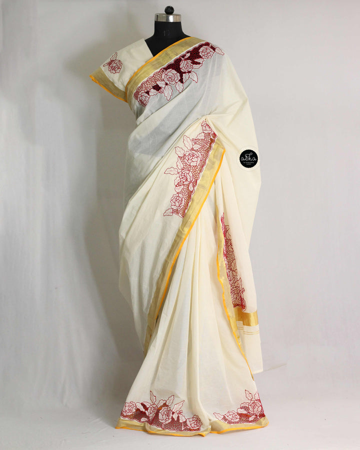 Cream Kerala Saree with Red Border &amp; Floral Twine Cutwork
