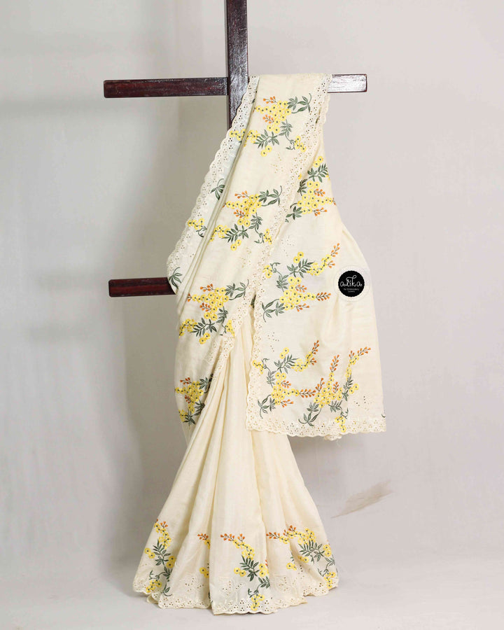 Cream Designer Silk Saree with Floral Machine Embroidery &amp; Cutwork