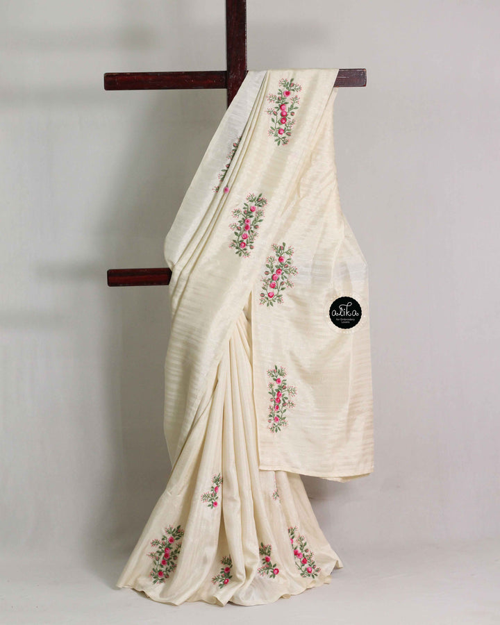 Cream Designer Silk Saree with Floral Hand Embroidery