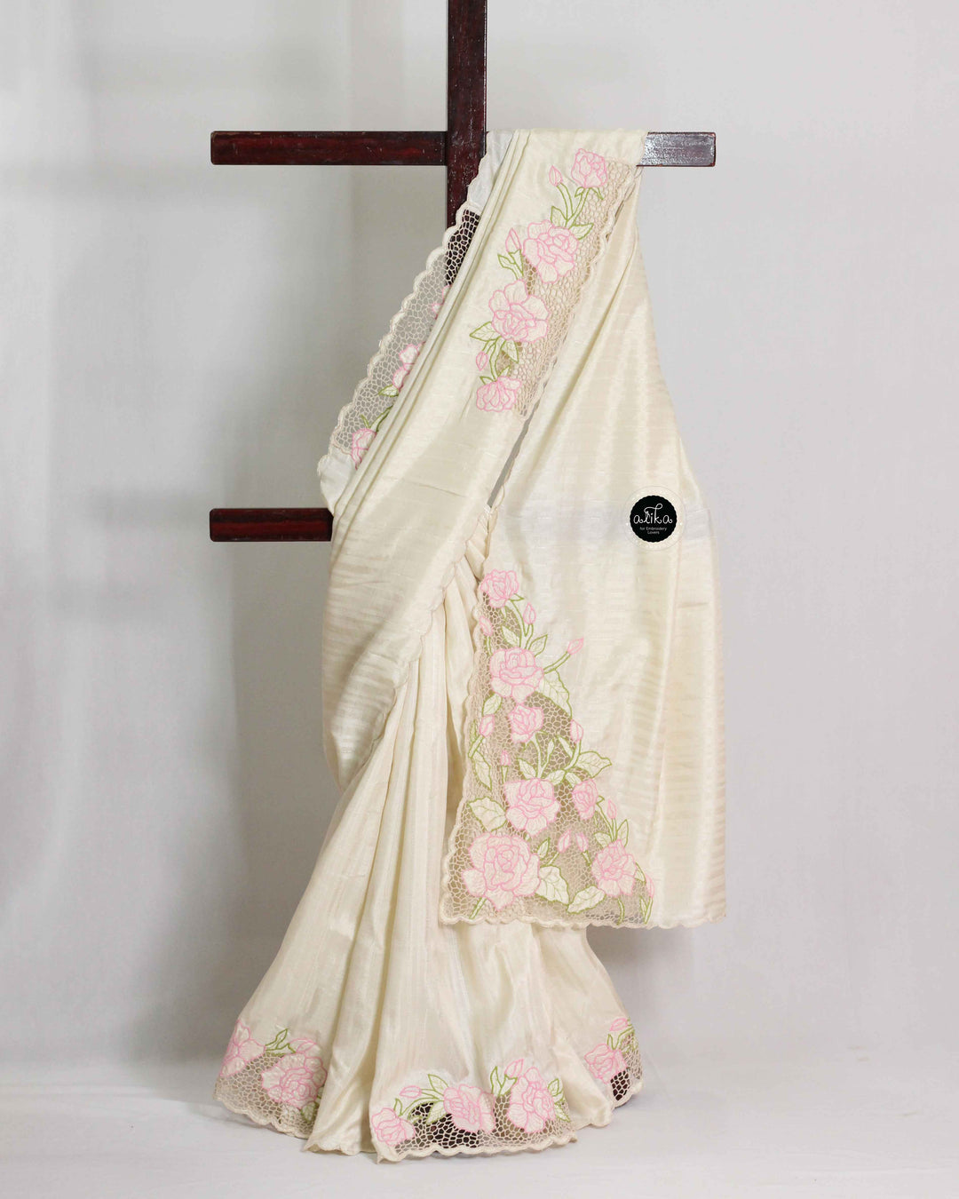 Cream Designer Silk Saree with Floral Twine Cutwork