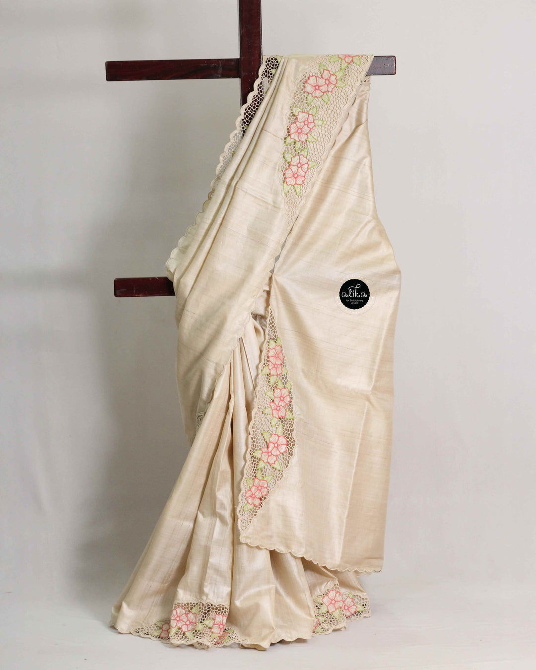Beige Pure Tussar Silk Saree with Floral Cutwork
