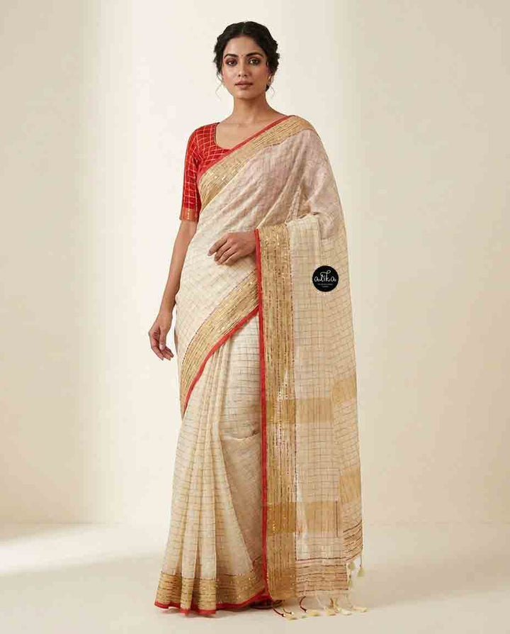 Cream Pure Linen Saree with Bead &amp; Sequin Work